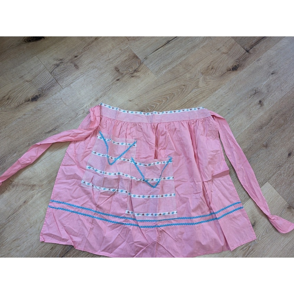 Vintage Kitchen Apron Skirt Half Pink Floral Trim Tie Back